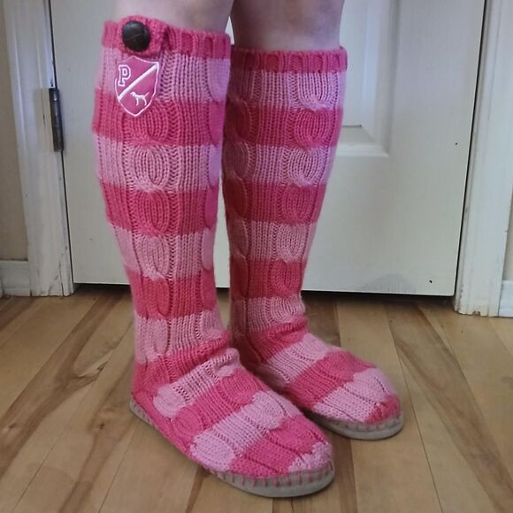 RARE Y2K VTG Victoria's Secret PINK Cable Knit Striped Knee-High Slippers M 7/8 - Picture 1 of 8